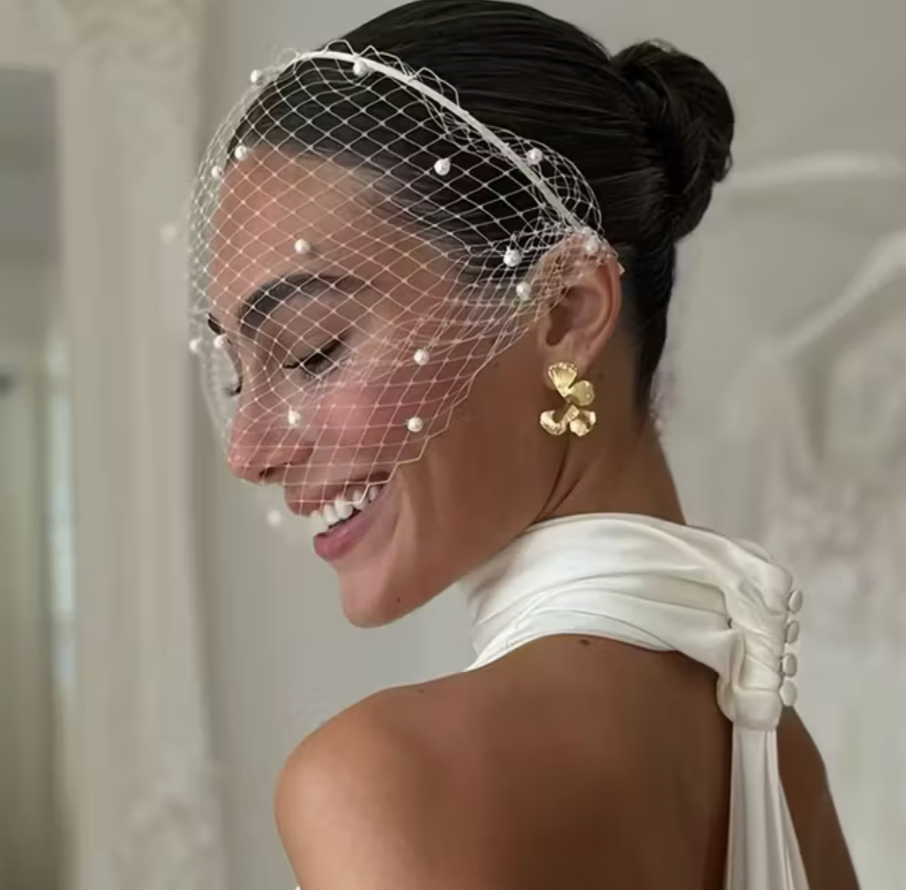 Bride Pearl Veil Net Headband
